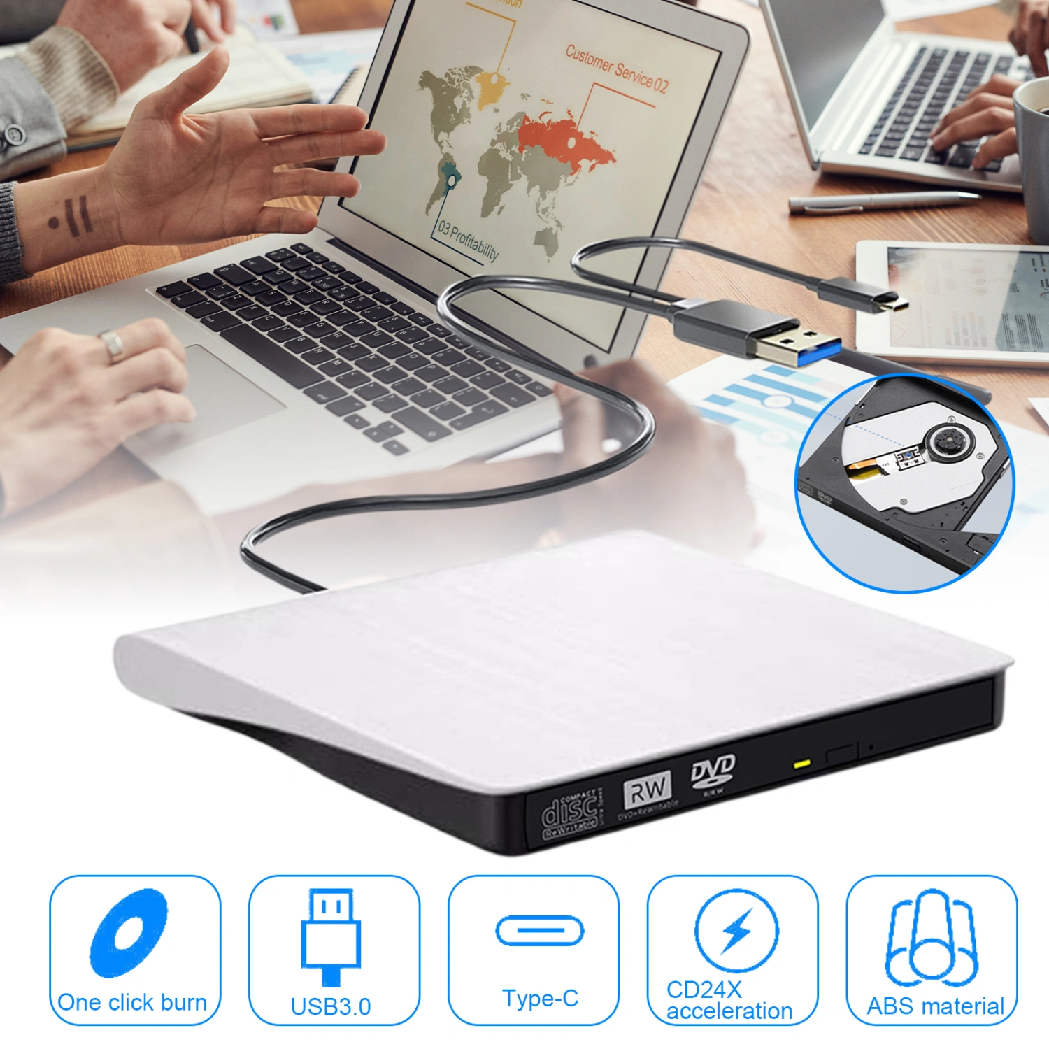 External DVD Drive Portable High Speed Read Write One-click Burning Rewritable Type-C USB 3.0 DVD/VCD/Compact Disc-RW Burner Writer Player Computer Accessories