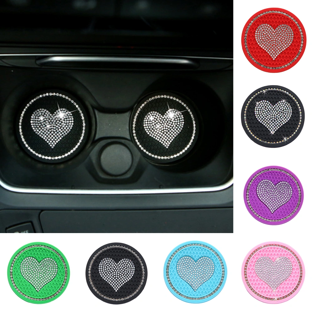 Car Round Water Bottle Silicone Coaster Heart Shape Rhinestone Decor Cup Holder Anti-slip Hear-resistant PVC Cup Mat