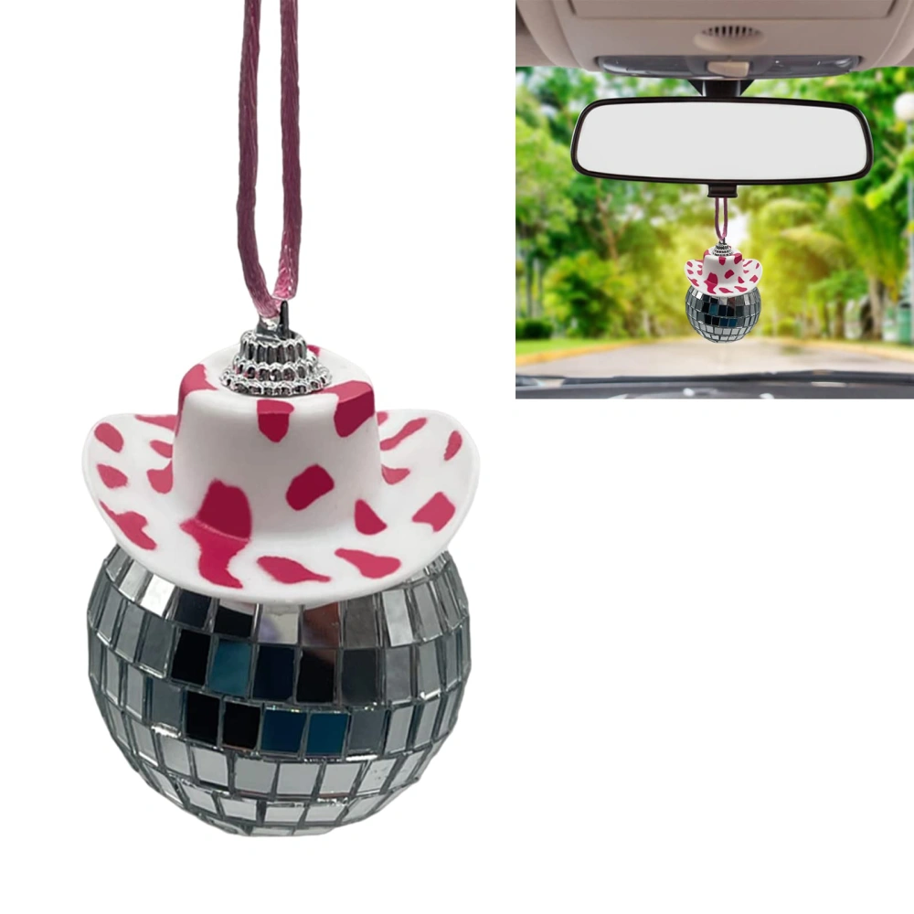 Pink Cow Print Disco Ball Car Mirror Ornament Car Rear View Mirror Long Lanyard Sparkling Disco Ball Pendant Car Accessories 