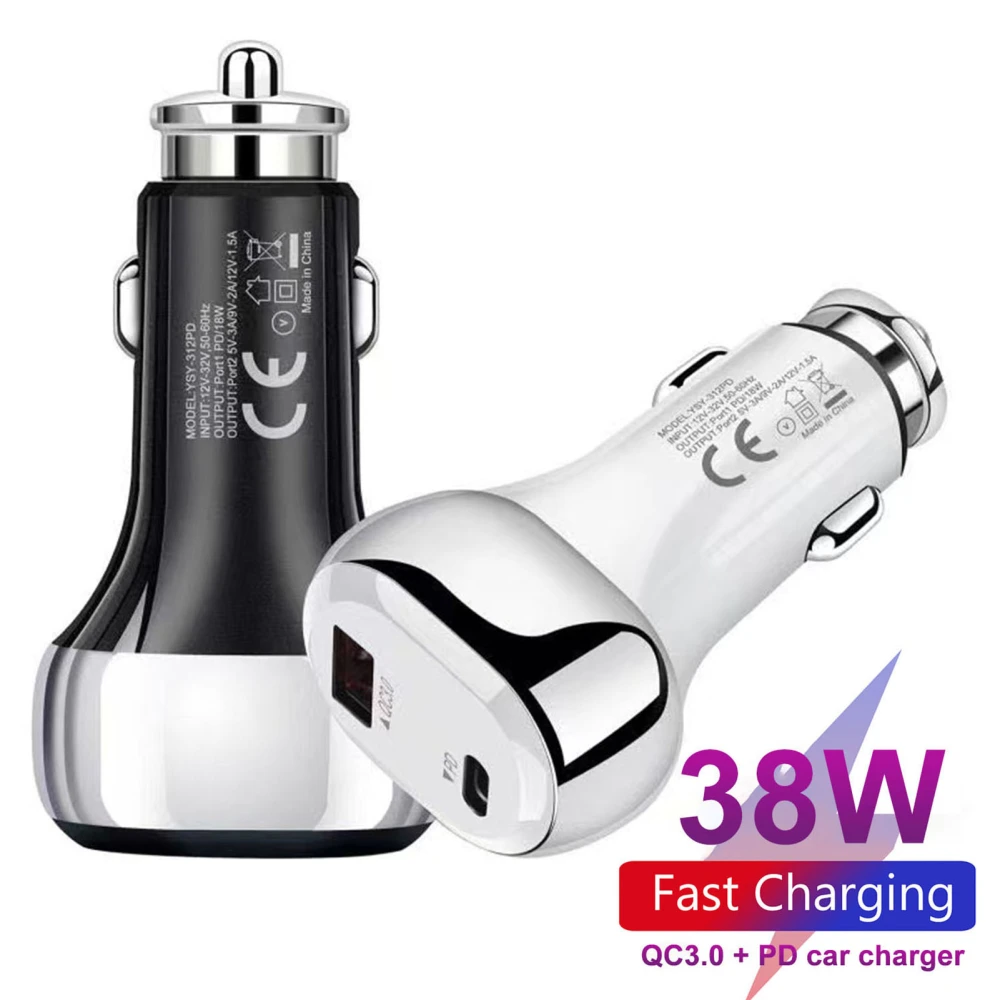 Car Charger Stable Output 12/24V Universal Multifunctional 50-60HZ Anti-slip Wide Compatibility PC Material QC3.0+PD 38W Car Phone Charger Car Supply