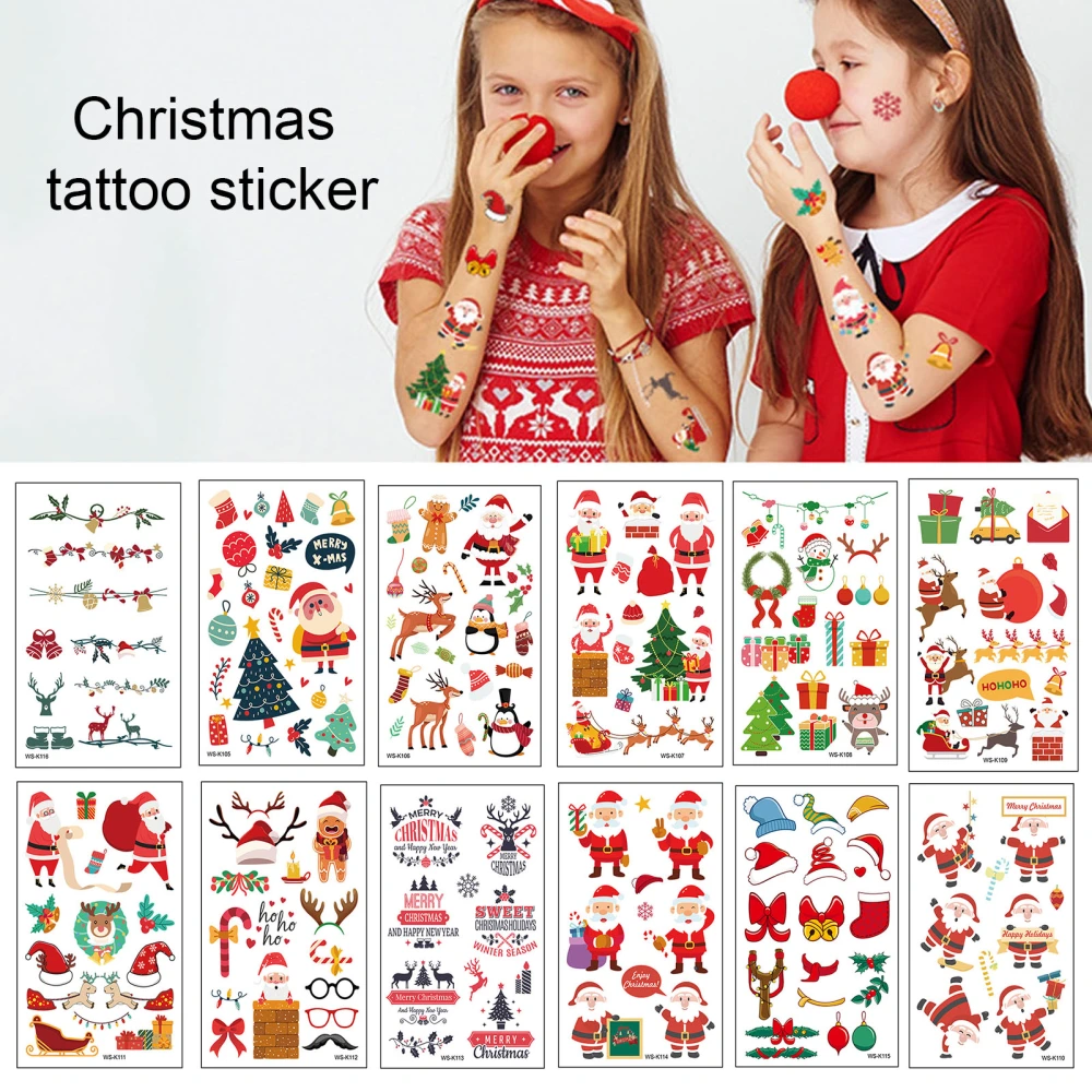 10 Sheets Christmas Cartoon Tattoo Stickers Waterproof Safe Tattoo Decals for Kids Holiday Party Atmosphere