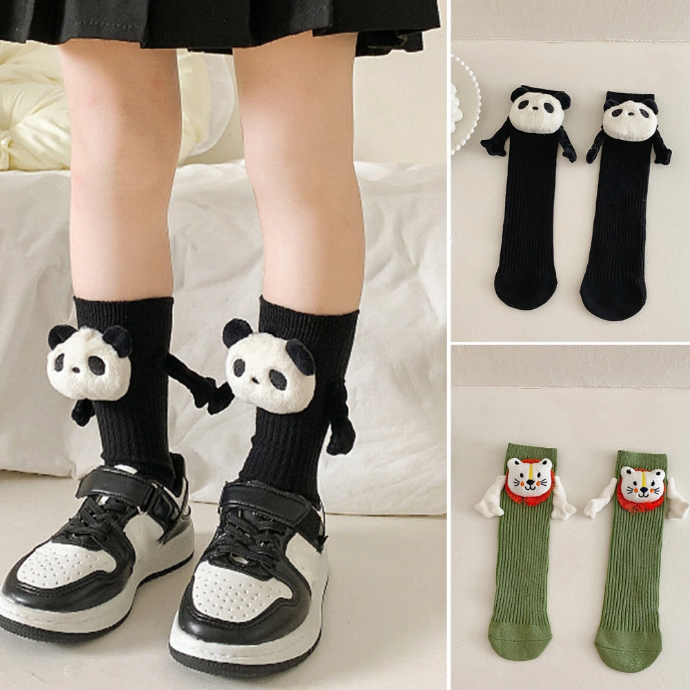 1 Pair Cute Cartoon Panda/Lion Holding Hands Magnetic Socks Soft Elastic Solid Color Mid-tube Socks Winter Toddler Warm Cotton Socks for Boys Girls 