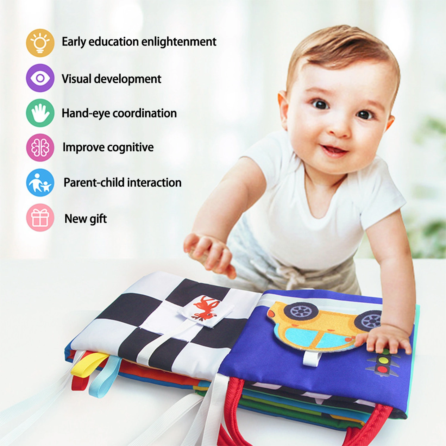 Baby Cloth Book Cute Chick Elephant Double-Side Colorful Printed Pattern Early Learning Educational Toy Infant Soft Cloth Book Crib Rattle Toy Baby Shower Gift