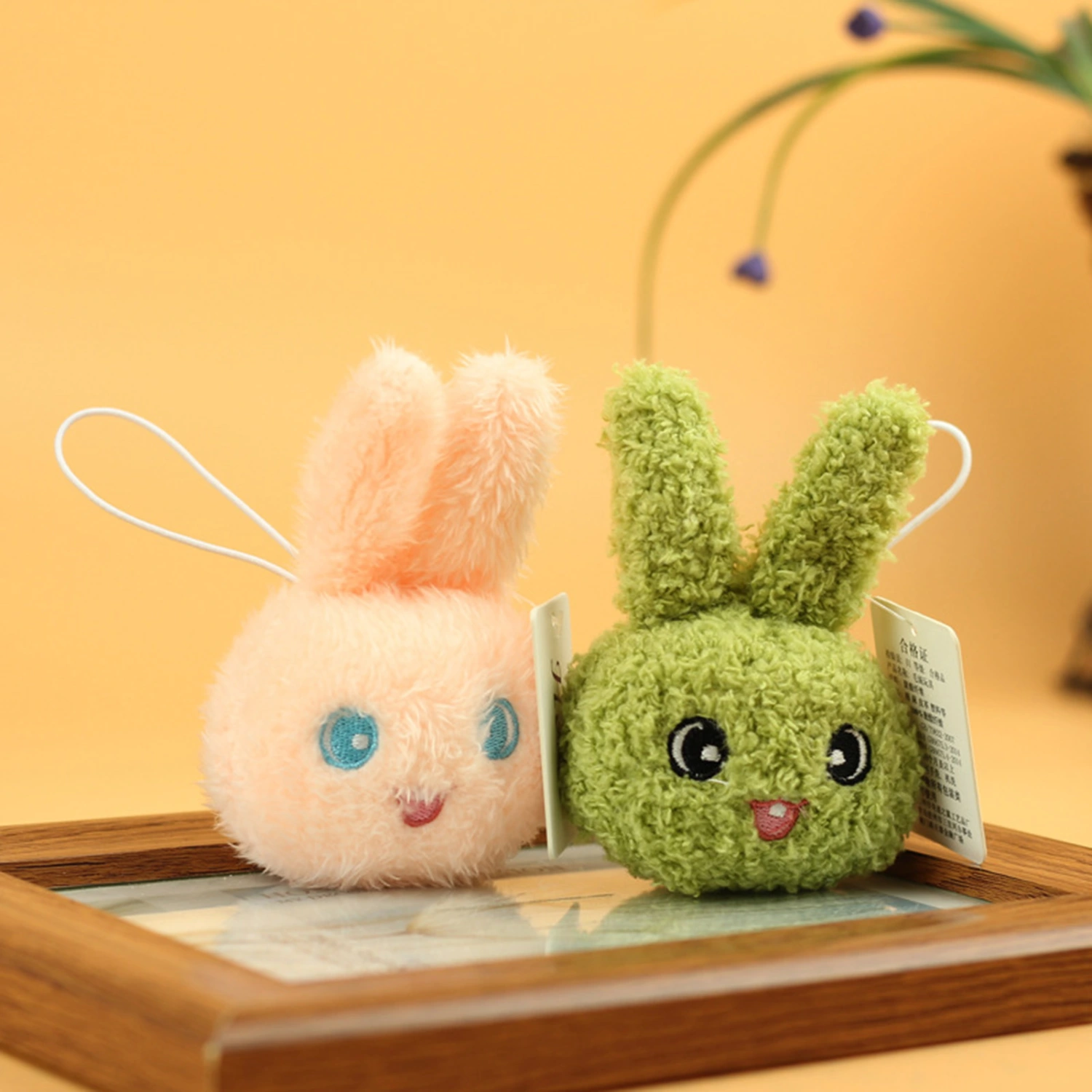 Plush Rabbit Pendant with Hanging Rope Soft Lovely Bunny Head Plushies Ornament Multi-use Keychain Car Backpack Decor Stuffed Doll Toy Girl Gift