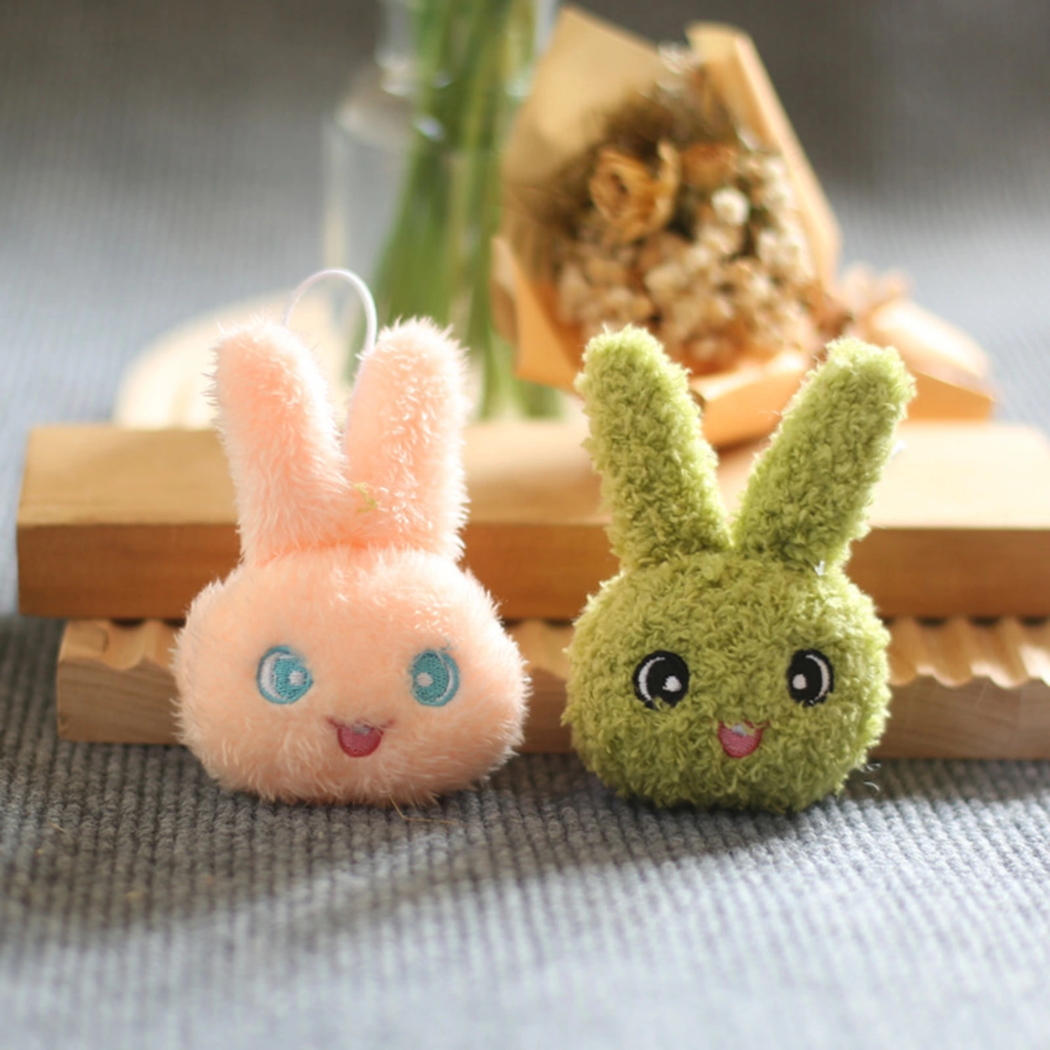 Plush Rabbit Pendant with Hanging Rope Soft Lovely Bunny Head Plushies Ornament Multi-use Keychain Car Backpack Decor Stuffed Doll Toy Girl Gift