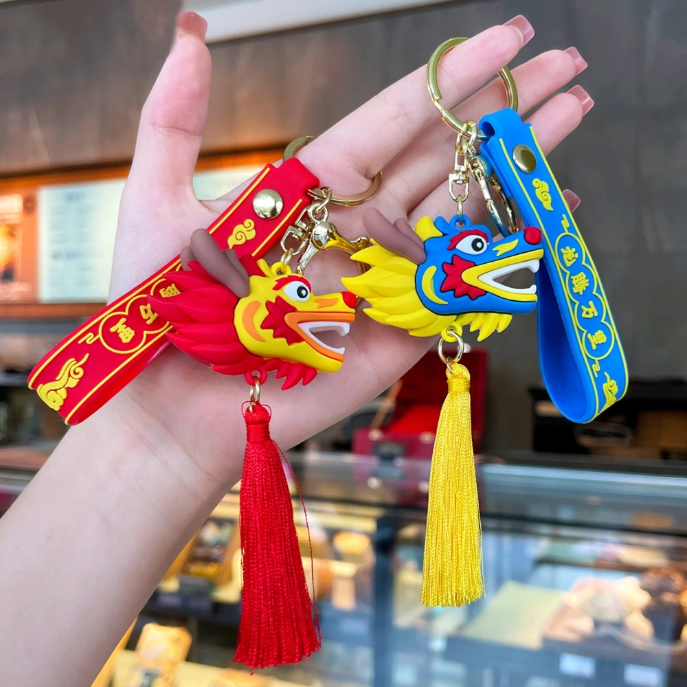 Dragon Keychain with Tassel Lovely Lucky Chinese Dragon Head Hanging Ornament 3D Silicone Cartoon Key Ring 2024 Year of Dragon Pendant Birthday New Year Gift