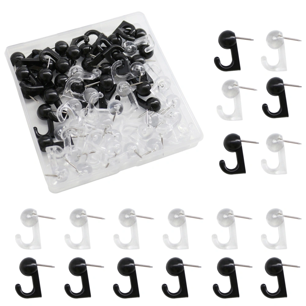 50Pcs Push Pin with Hook Plastic Box Black Transparent Cork Bulletin Board Whiteboard Wall Map Photo Fixing Thumbtack Office Home Supplies