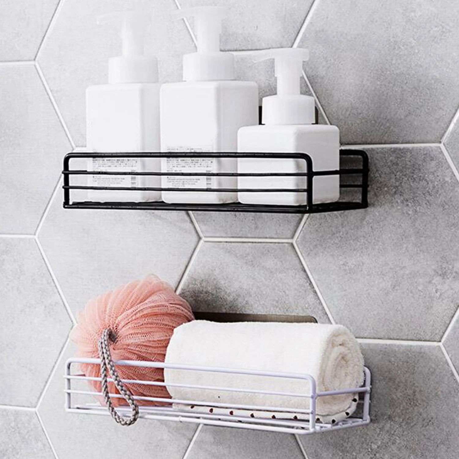 2Pcs Floating Shelves Wall Mounted Storage Rust-proof And Easy to Clean with Black Metal Frame for Bathroom Bedroom Kitchen 