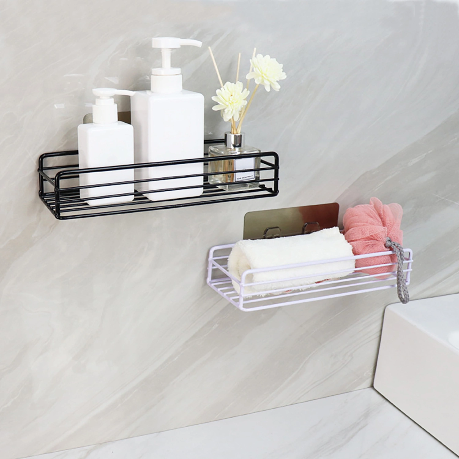 2Pcs Floating Shelves Wall Mounted Storage Rust-proof And Easy to Clean with Black Metal Frame for Bathroom Bedroom Kitchen 
