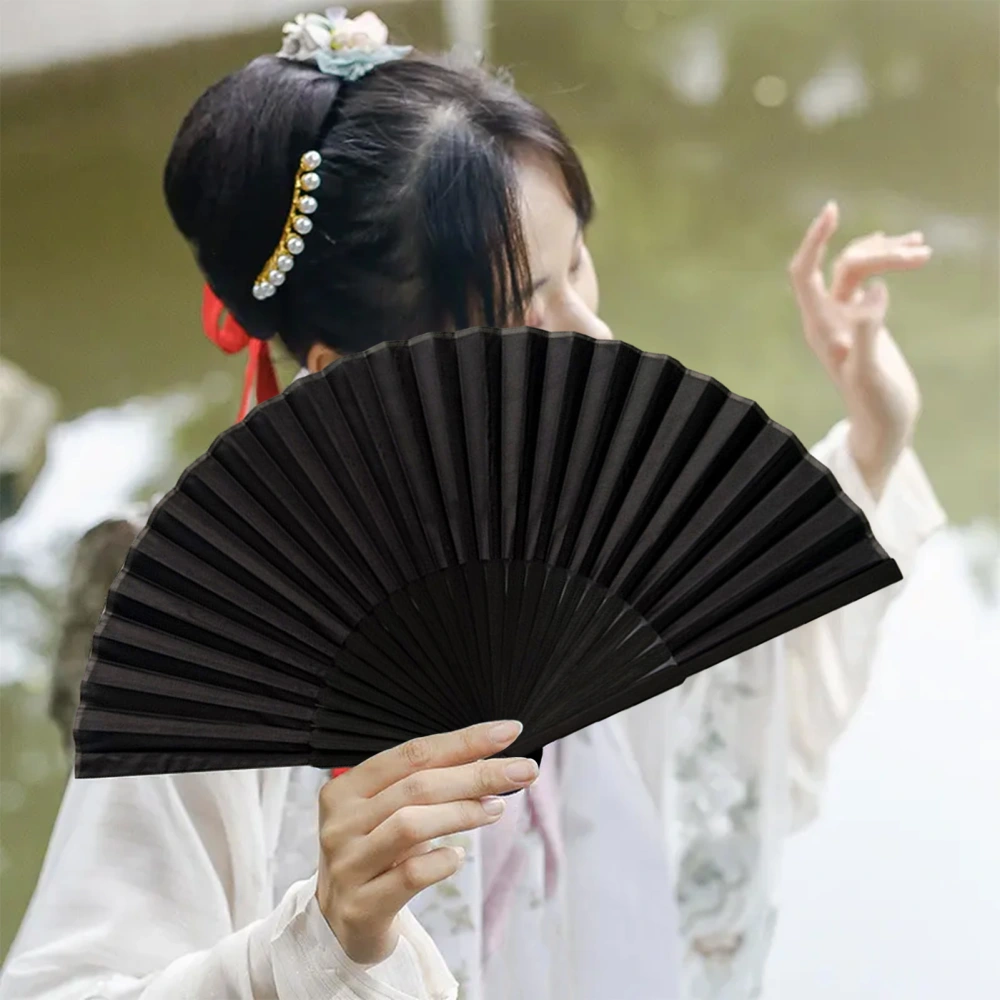 Black Folding Fan with Bag Chinese Style Dance Performance Photo Props Portable Summer Bamboo Hand Held Fan Party Supplies Gift