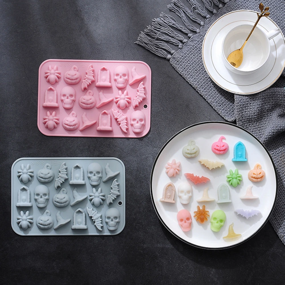 2Pcs Halloween Cake Mold Ghost Pumpkin Bat Skull Shape Silicone Baking Molds for DIY Chocolate Candy