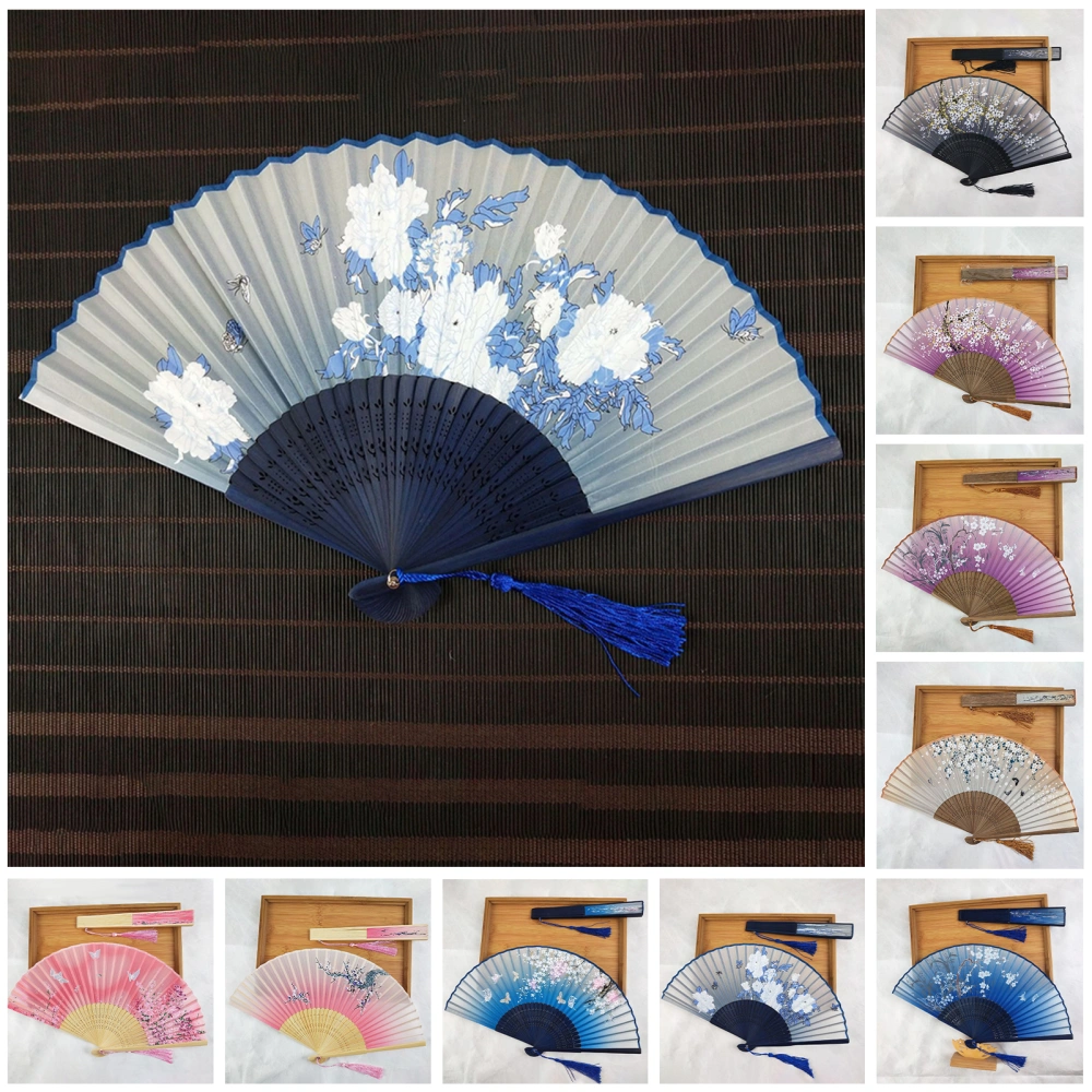 Folding Fan Chinese Style Bamboo Handheld Fan Lightweight Vintage Fan with Tassel for Wedding Dancing Cosplay