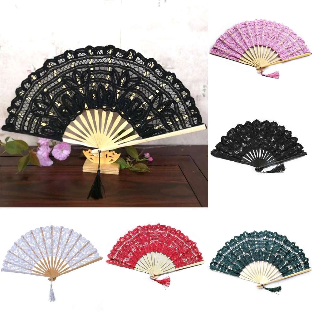 27CM Lace Folding Fan with Tassel Vintage Wedding Dance Performance Photo Props Portable Summer Hand Held Fan Party Supplies Gift