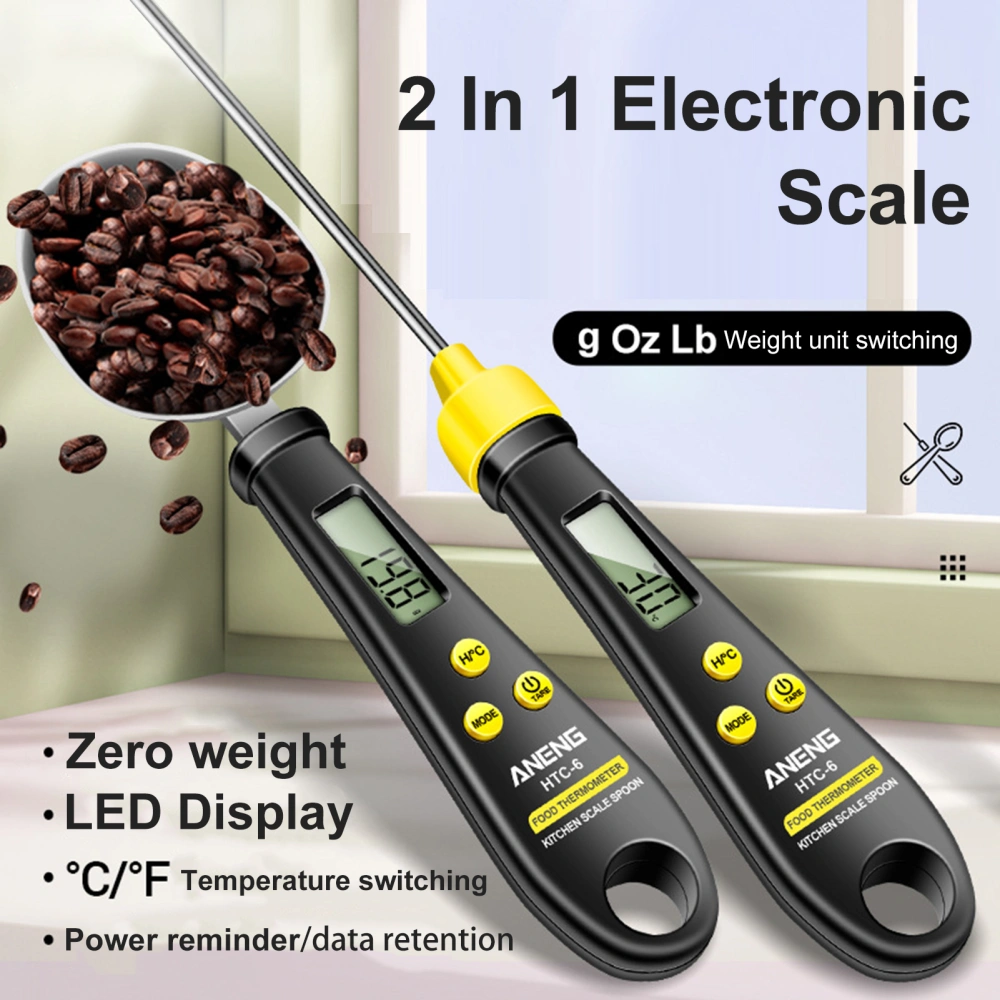 1 Set 2-In-1 Multi-functional Spoon Scale LCD Display Precise Stainless Steel Probe Solid Liquid Ingredients Measuring Scale Thermometer Kitchen Baking Supplies 