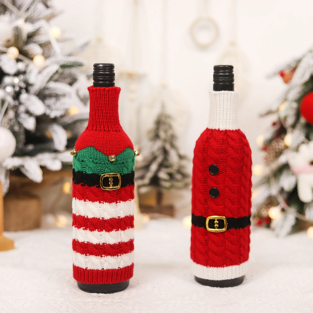 Christmas Knitted Wine Bottle Cover Handmade Santa Claus Belt Elf Reusable Xmas Champagne Beer Bottle Sleeve Festival Supplies