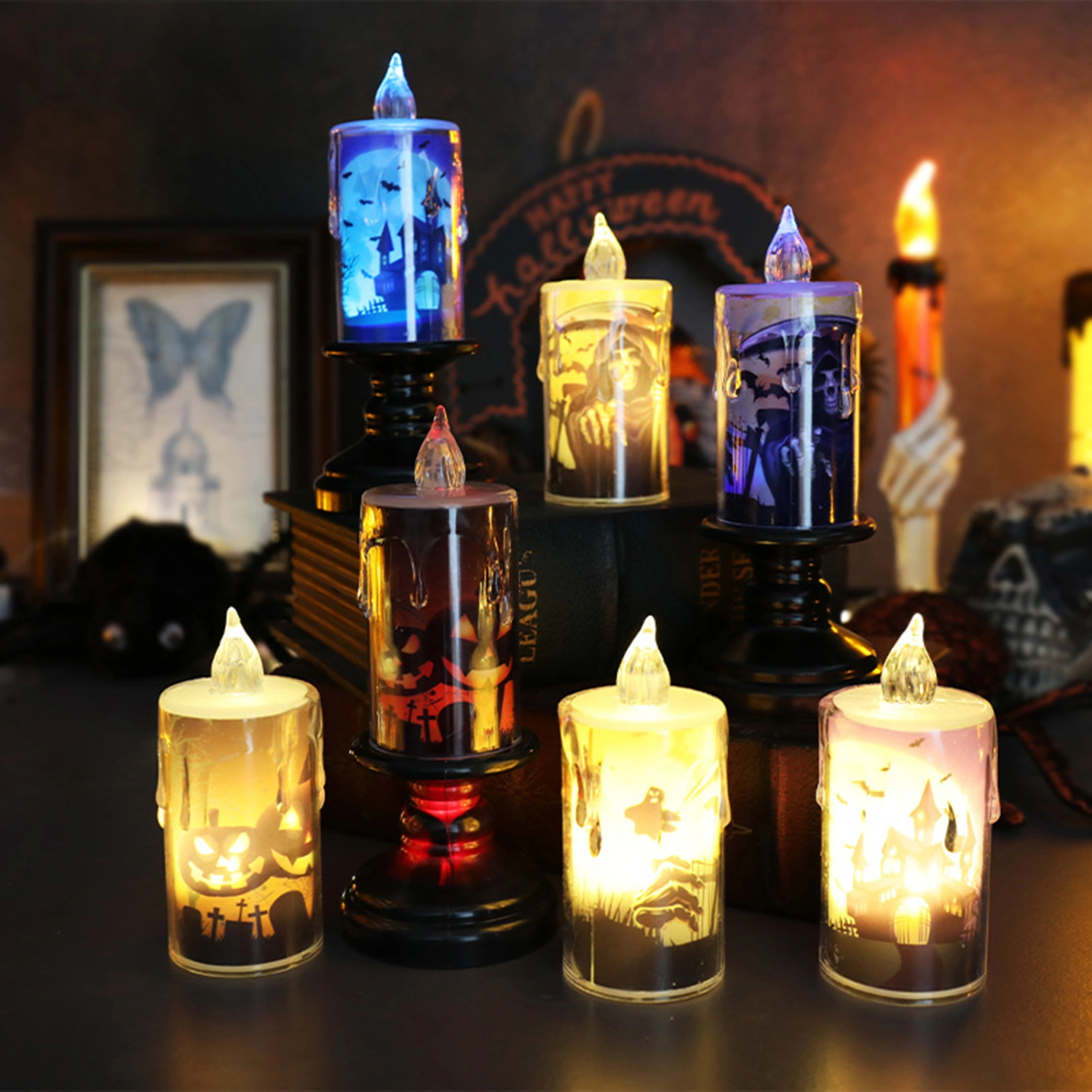 Halloween Candle Light Spooky Skulls Pumpkins Ghosts Pattern Battery Operated LED Candle Lamp for Home Party