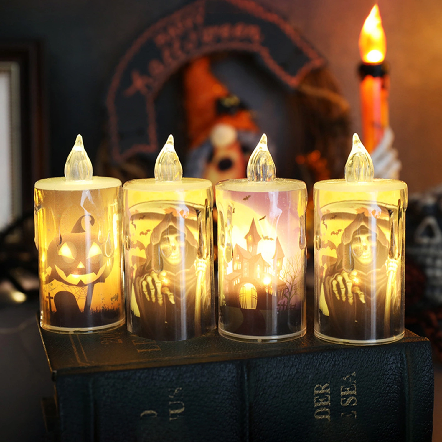 Halloween Candle Light Spooky Skulls Pumpkins Ghosts Pattern Battery Operated LED Candle Lamp for Home Party
