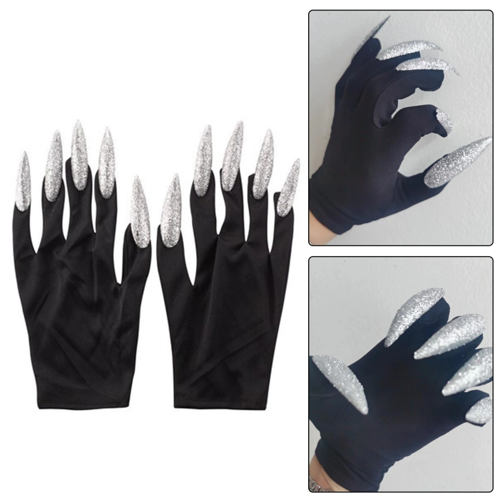 1 Pair Spooky Halloween Witch Gloves with Glitter Nails Halloween Long Nail Gloves Performance Props Cosplay Costume Accessories Party Dress up Supplies