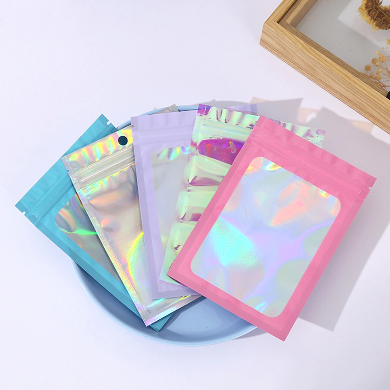 100Pcs Packaging Bag Resealable Holographic Bags Moisture-proof Reusable Packaging Bag for Coffee Beans Cookies Jewelry 