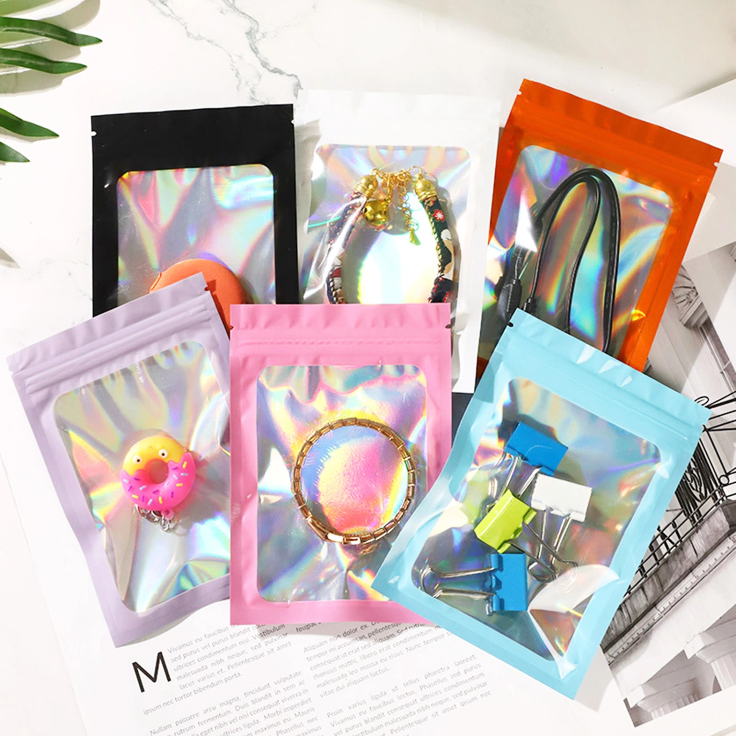100Pcs Packaging Bag Resealable Holographic Bags Moisture-proof Reusable Packaging Bag for Coffee Beans Cookies Jewelry 