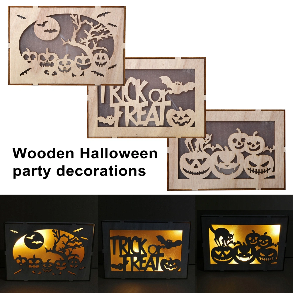 Halloween Wooden Light Ornament Hollow Pumpkin Bat Withered Tree Holiday Decoration Reusable Solid Wood Desktop LED Lamp Party Gift