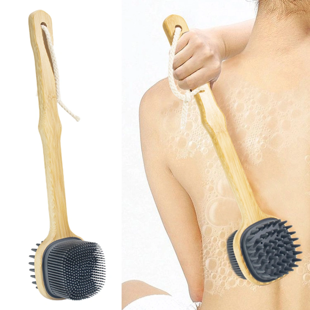 Bath Brush Wooden Long Handle Double-sided Soft Silicone Bristles Hanging Lanyard Multi-functional Body Back Cleaning Massage Shower Scrubber 