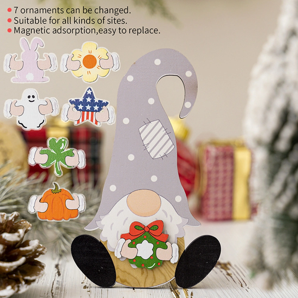 1 Set Christmas Gnome Desktop Decoration with 7 Replaceable Accessories Reusable Solid Wooden Holiday Table Ornament Party Supplies Gift