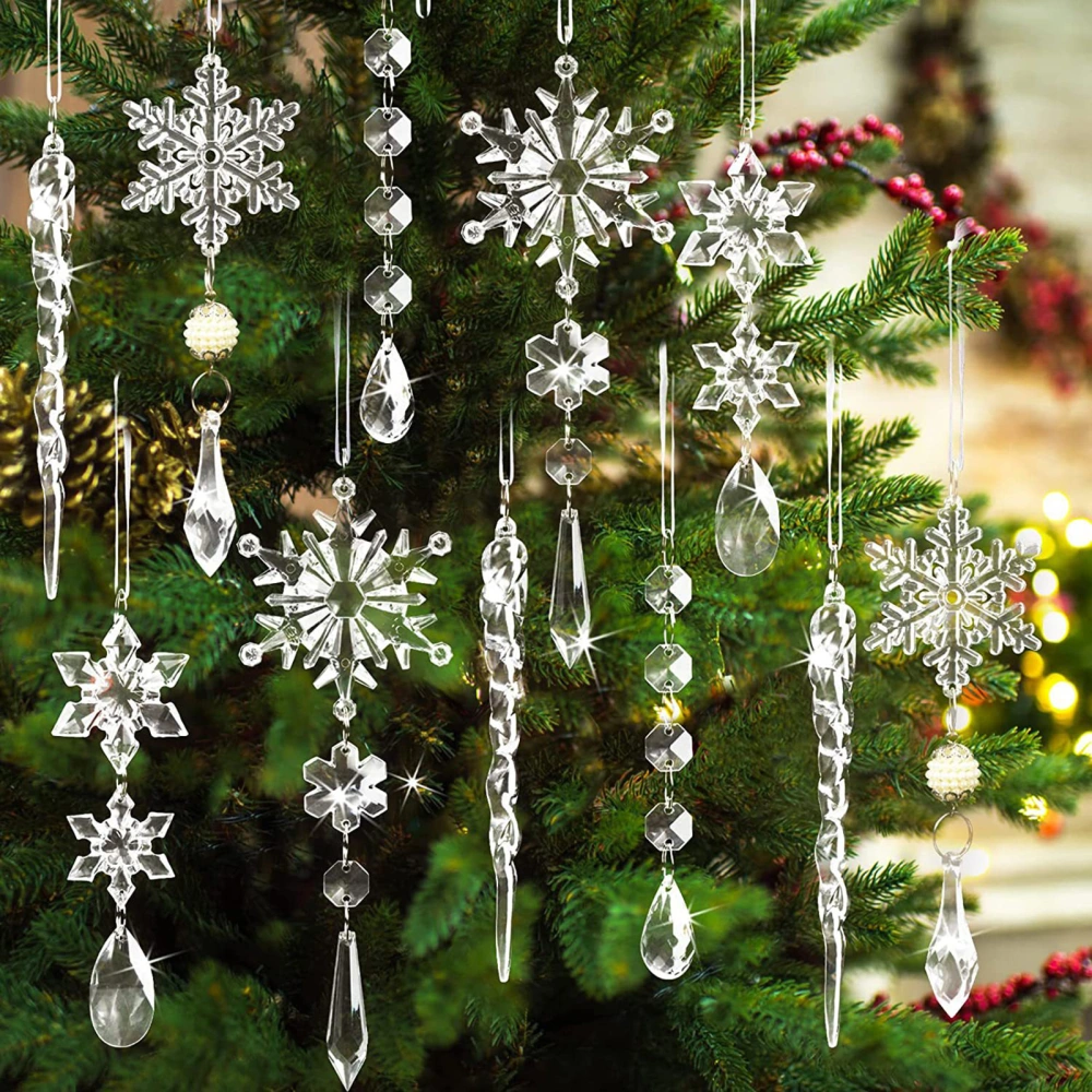 10Pcs Christmas Icicle Snowflake Decoration Clear Acrylic Indoor Outdoor Festive Holiday Xmas Tree Hanging Ornament Garland Party Supplies 