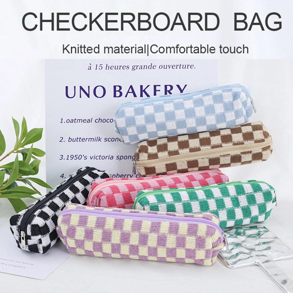 Knitted Checkerboard Pen Bag Large Capacity Portable Zipper Boys Girls Students Pencil Stationery Pouch Case School Supplies