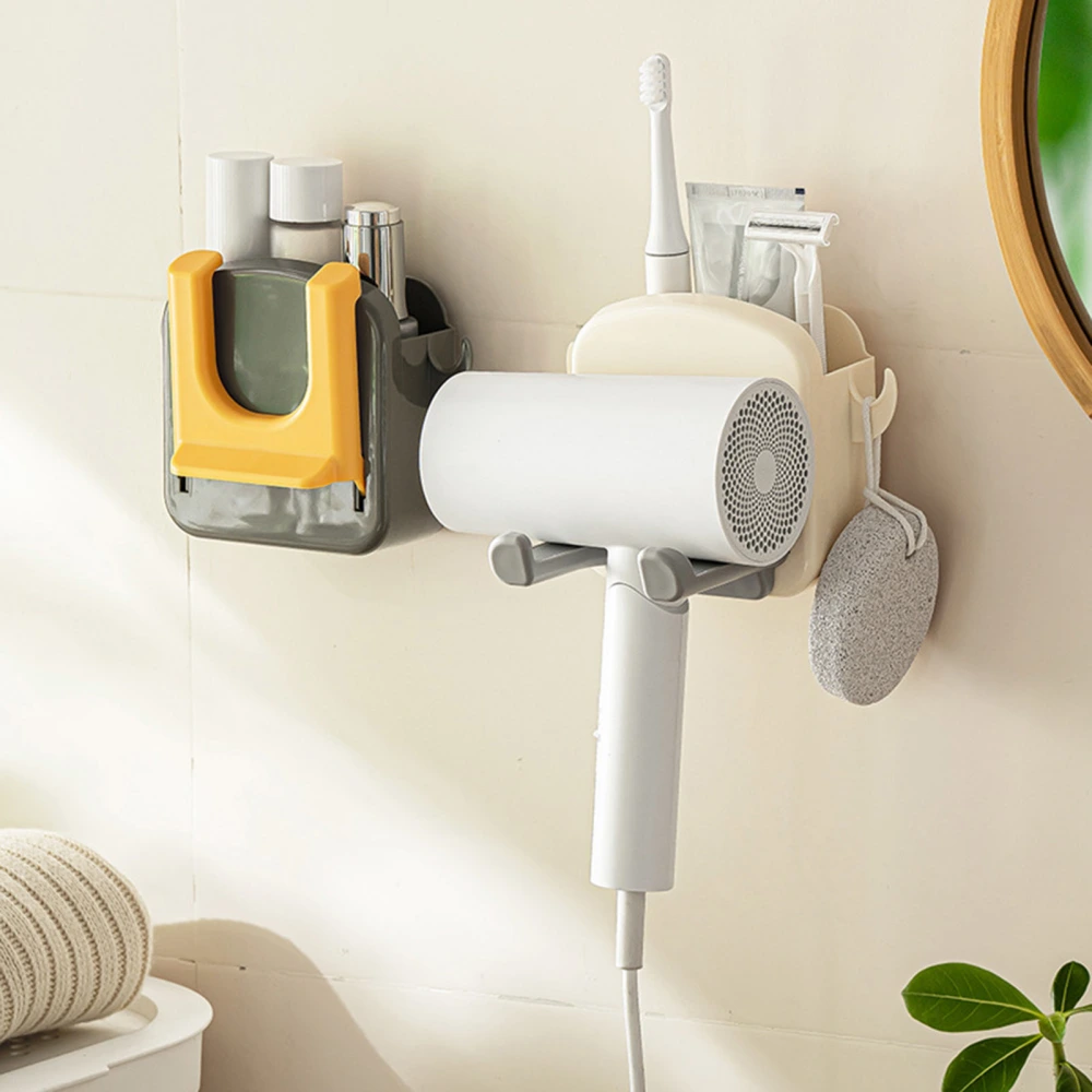 Wall Mount Hair Dryer Holder with Integrated Hooks Foldable Bracket Universal Bathroom Hair Dryer Storage Organizer 