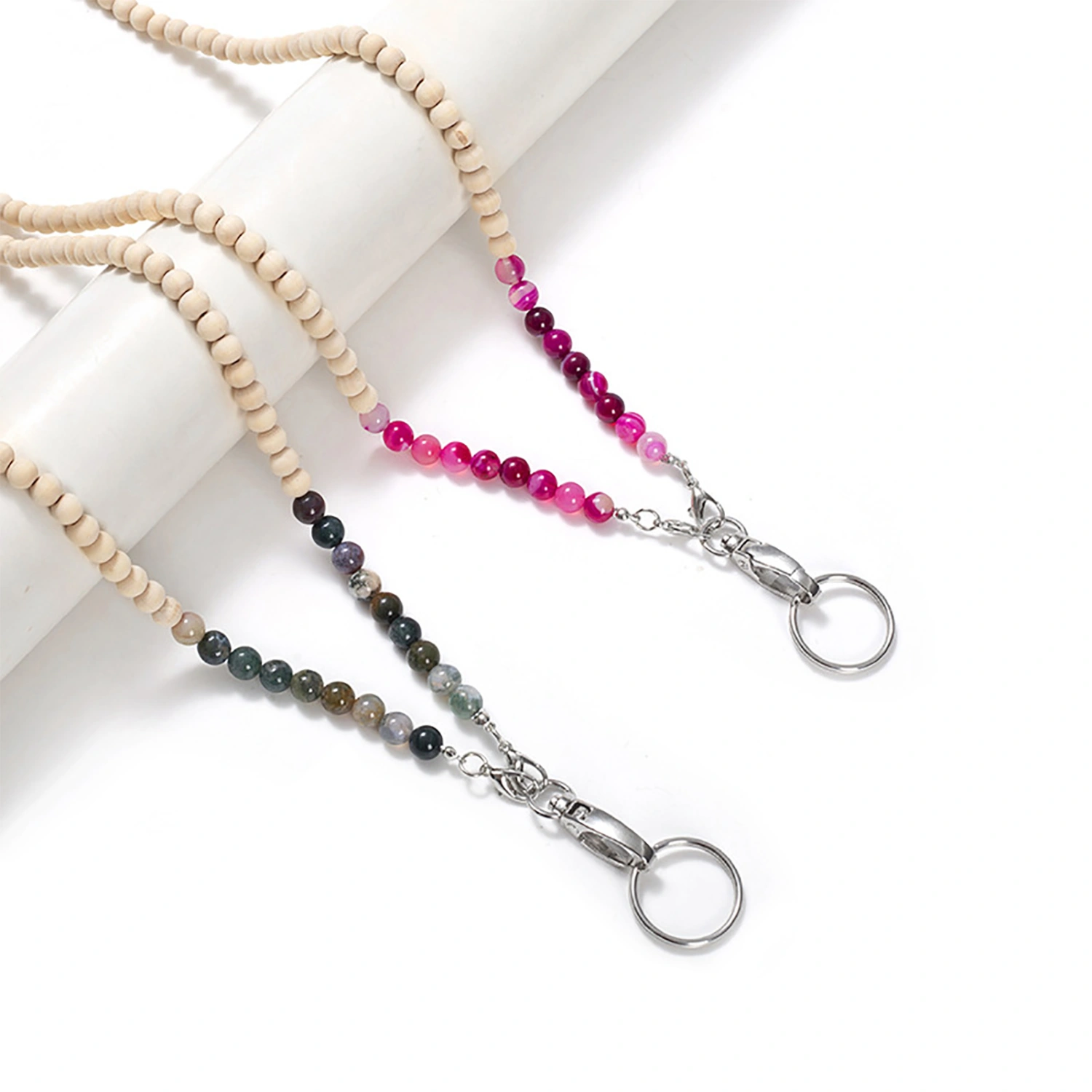 Stylish Beaded Lanyard ID Badge Holder with Lobster Clasp Keyring Natural Wood Beads Work Card Lanyard