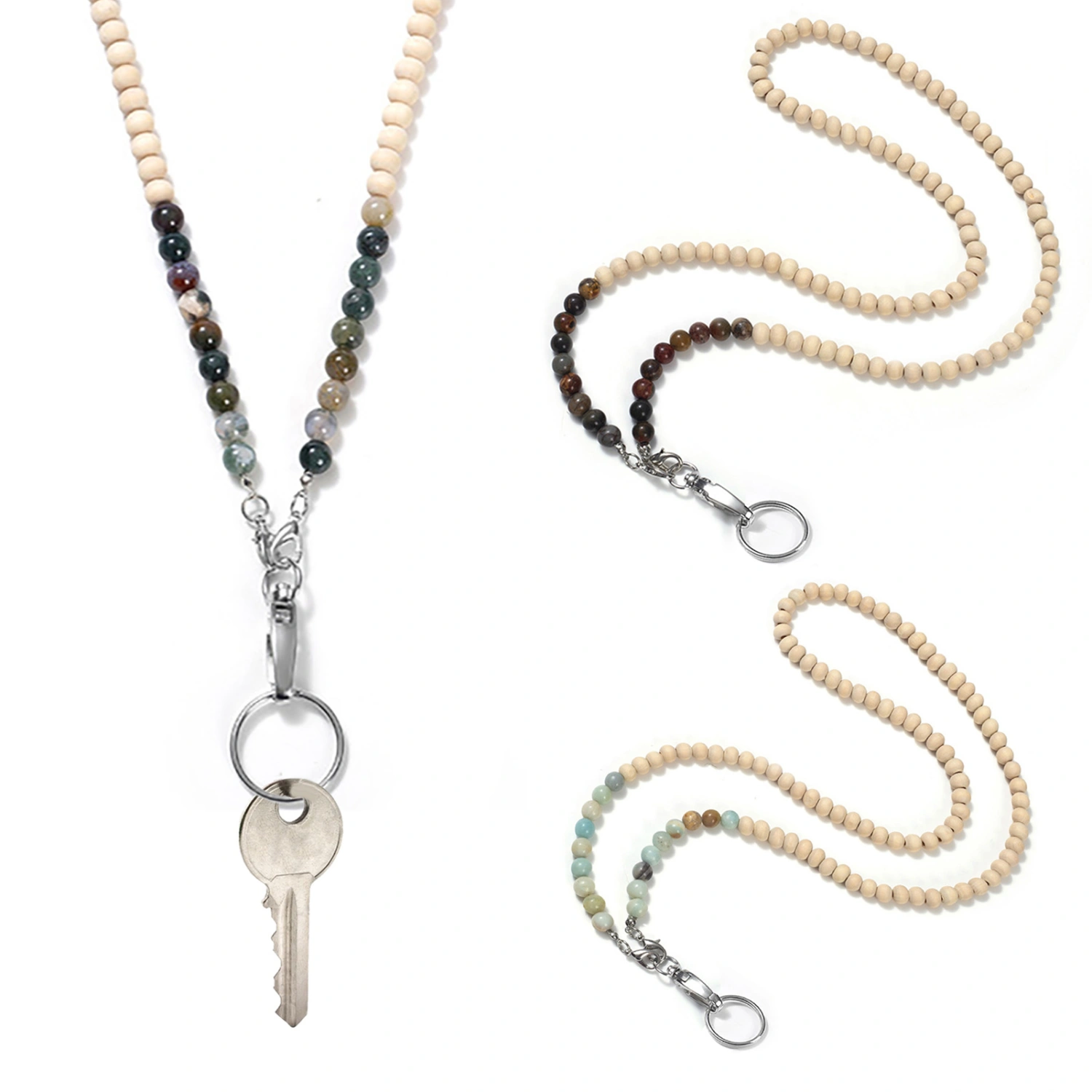 Stylish Beaded Lanyard ID Badge Holder with Lobster Clasp Keyring Natural Wood Beads Work Card Lanyard