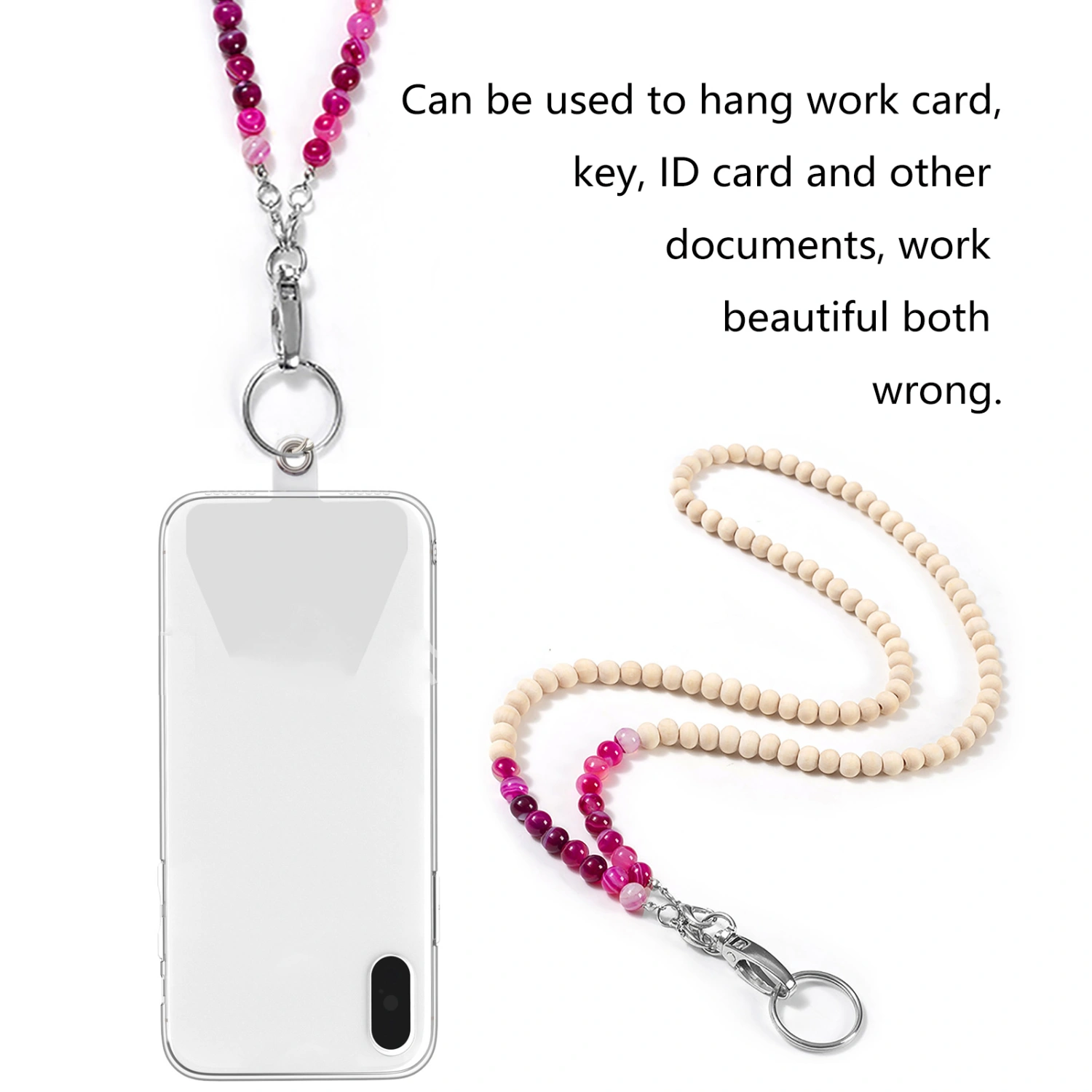 Stylish Beaded Lanyard ID Badge Holder with Lobster Clasp Keyring Natural Wood Beads Work Card Lanyard