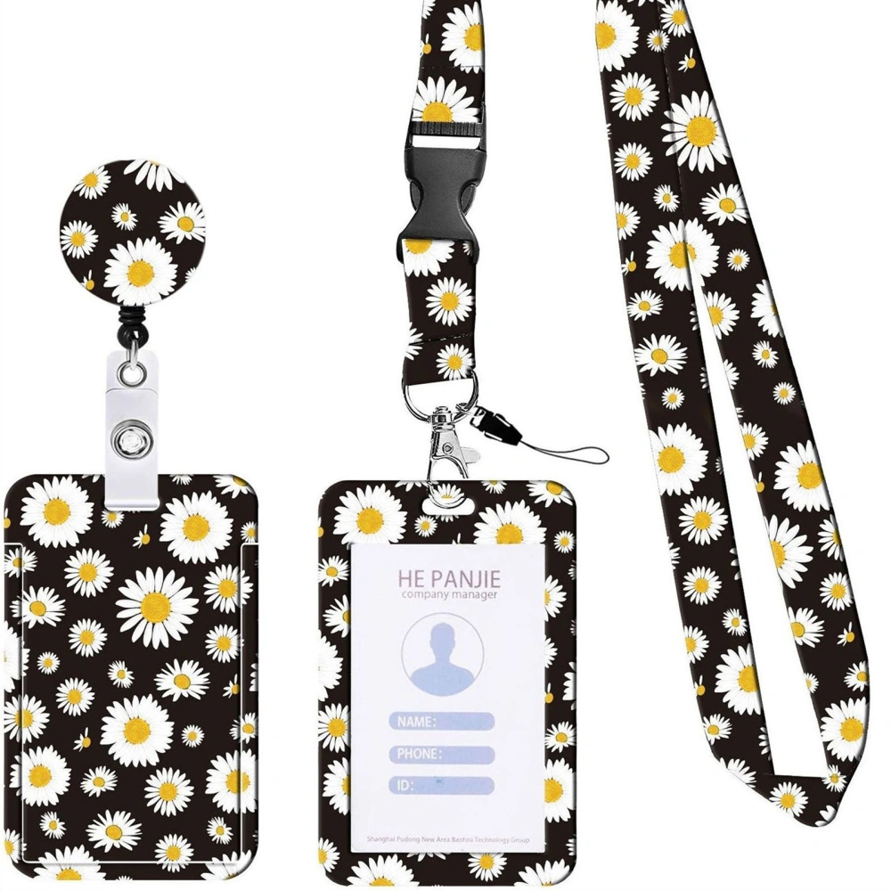 1 Set ID Badge Holder with Lanyard And Retractable Reel Clip Convenient Flower Pattern Card Holder for Office