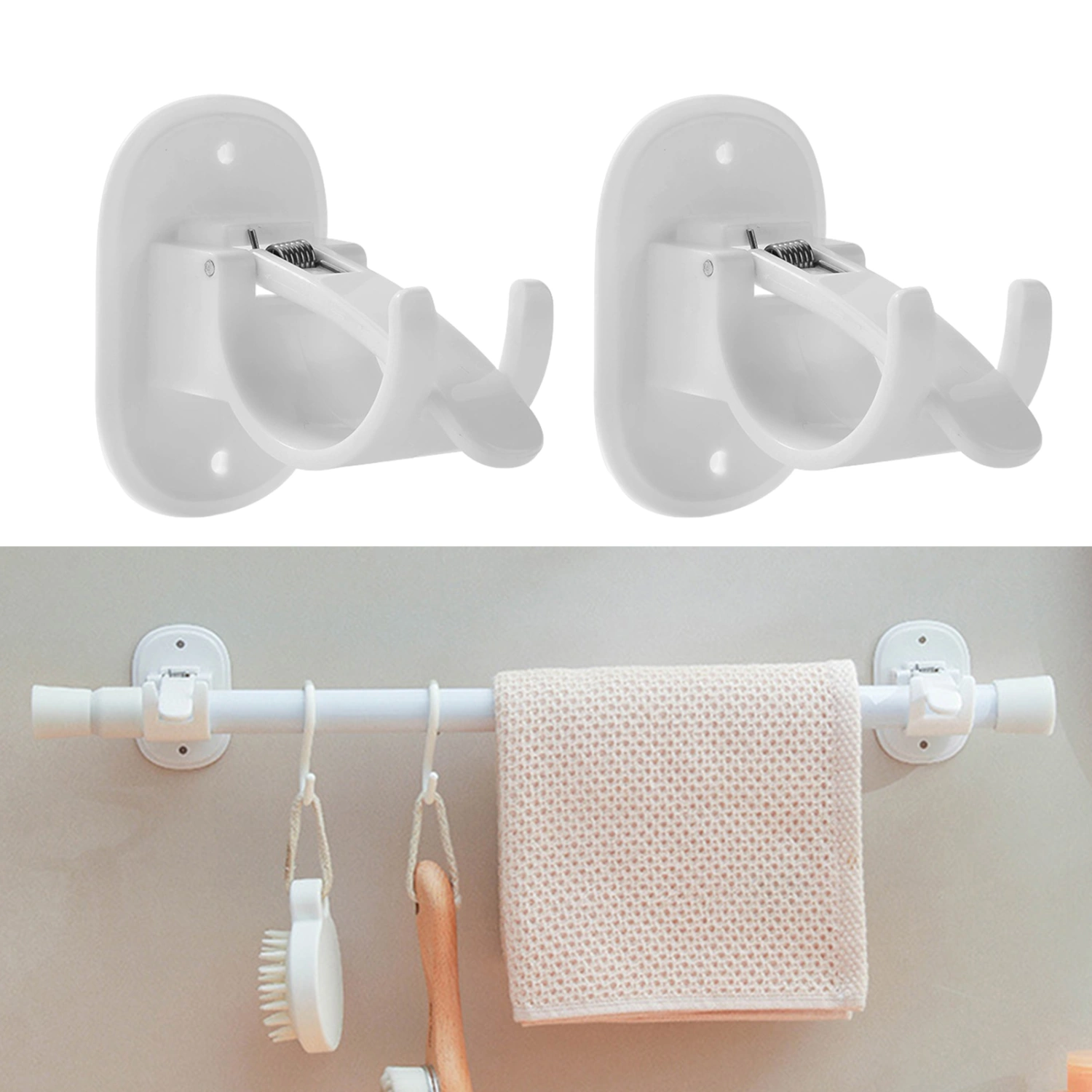 2Pcs Hook Easy Install Telescopic Rod Hanger No Drilling Strong Adhesive Sturdy Waterproof Shower Curtain Rod Brackets