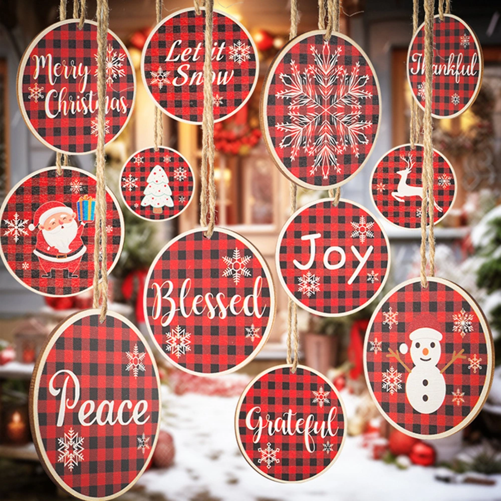 12Pcs Christmas Pendant Easy Installation Red And Black Grid Print Wood Hanging Ornament for Home Decorations 