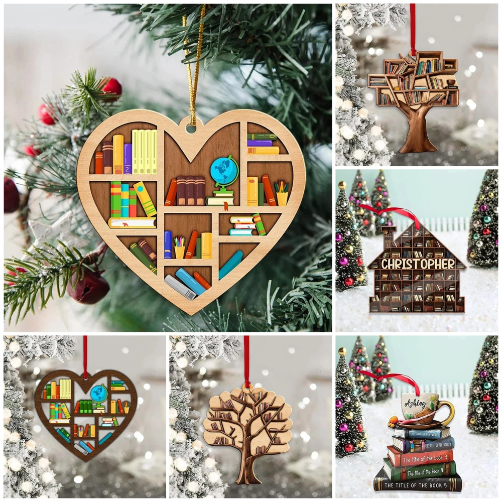 Wooden Bookshelf Decoration Ornament with Hanging Lanyard Creative 3D Book Shelf Design Festive Pendant Home Decoration