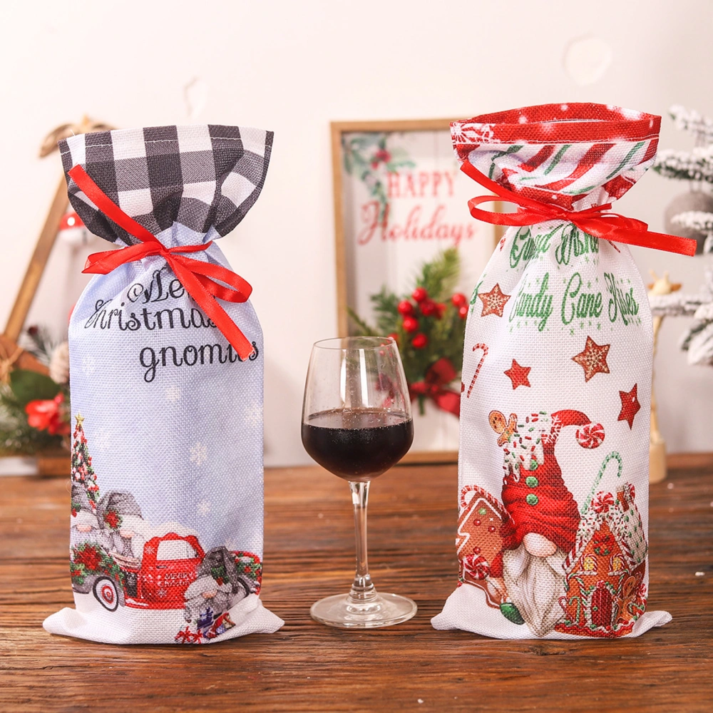 Gnome House Car Pattern Wine Bottle Cover Drawstring Cloth Wine Bottle Sleeve Merry Christmas Decoration Xmas Table Decor