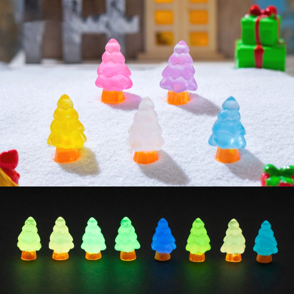 10Pcs Mini Christmas Tree Decoration Glow in The Dark Resin Crafts DIY Dollhouse Snow Garden Desktop Miniature Xmas Tree Ornament Holiday Decor 