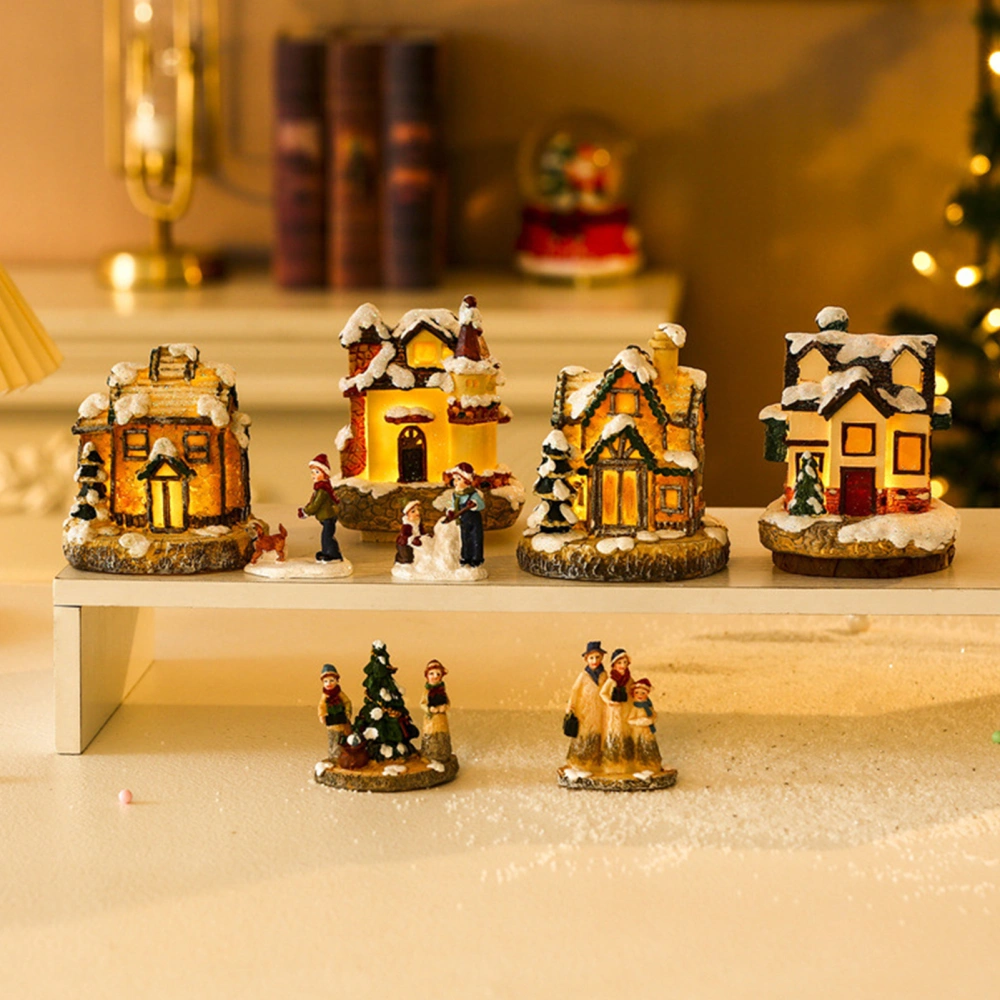 Christmas House Statue with LED Light Realistic Looking Battery-Operated Colorful Resin Mini House Desktop Decoration