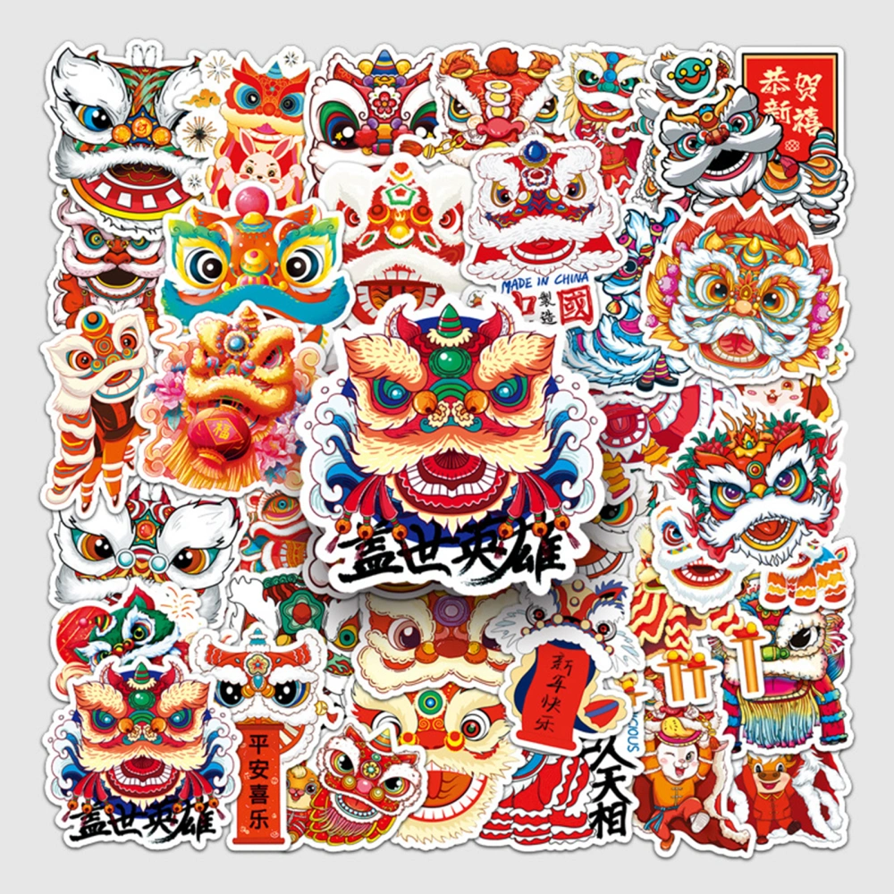 50Pcs Lion Dance Stickers Chinese Traditional Culture Trend Waterproof PVC Sticker for Laptop Suitcase Skateboard