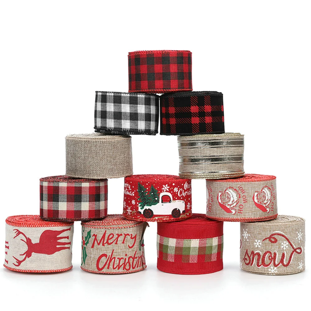 1 Roll 2Mx5CM Christmas Ribbon Red Black White Plaid Santa Car Wired Gift Packing DIY Craft Xmas Tree Decoration Wreath Bowknot Making Ribbon Party Supplies