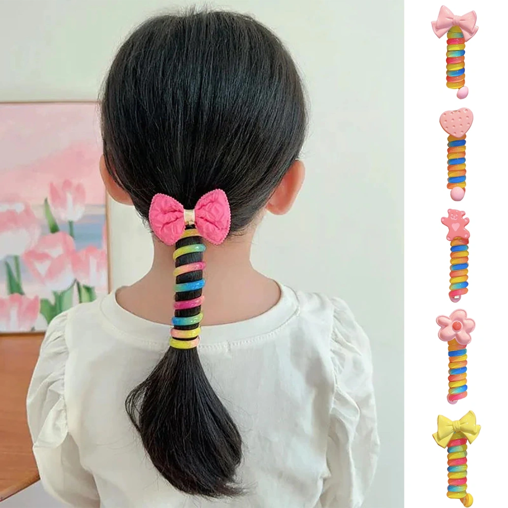 Kids Spiral Hair Tie Cute Bowknot Love Heart Flower No Crease Traceless Stretch Rubber Girls Phone Cord High Ponytail Holder Hair Rope Hair Accessories 