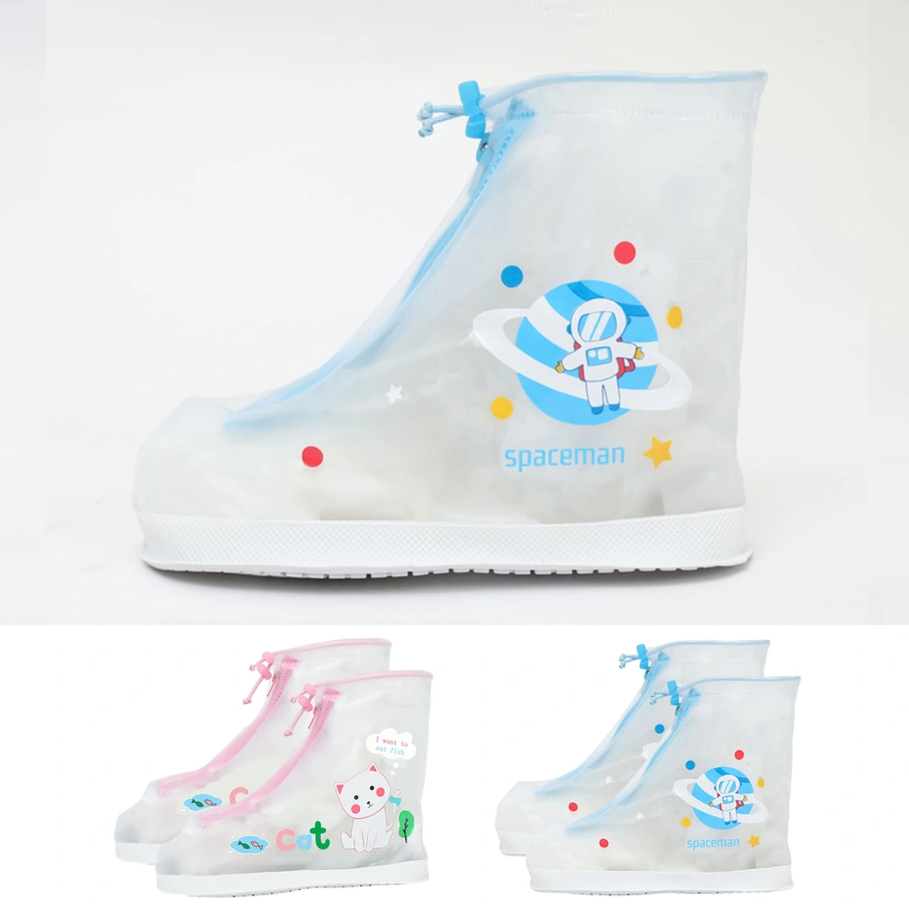 1 Pair Rain Shoe Cover Cartoon Print Clear Anti-slip Elastic Drawstring Flat Waterproof PVC Men Women Rain Shoe Protector Outdoor Use