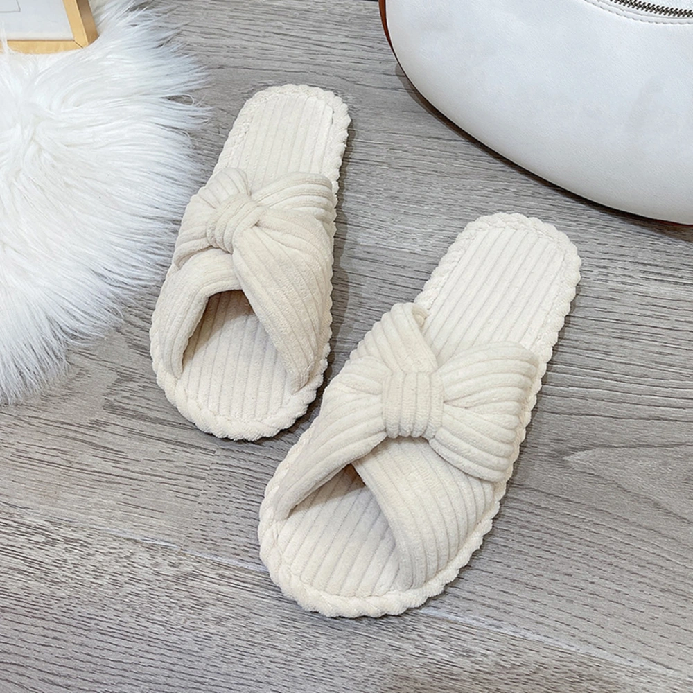 1 Pair Slippers Open Toe Cross Bow Decor Solid Color Flat Sole Soft Fabric Striped Texture Anti-skid Wear-resistant Breathable Women Home Slippers 