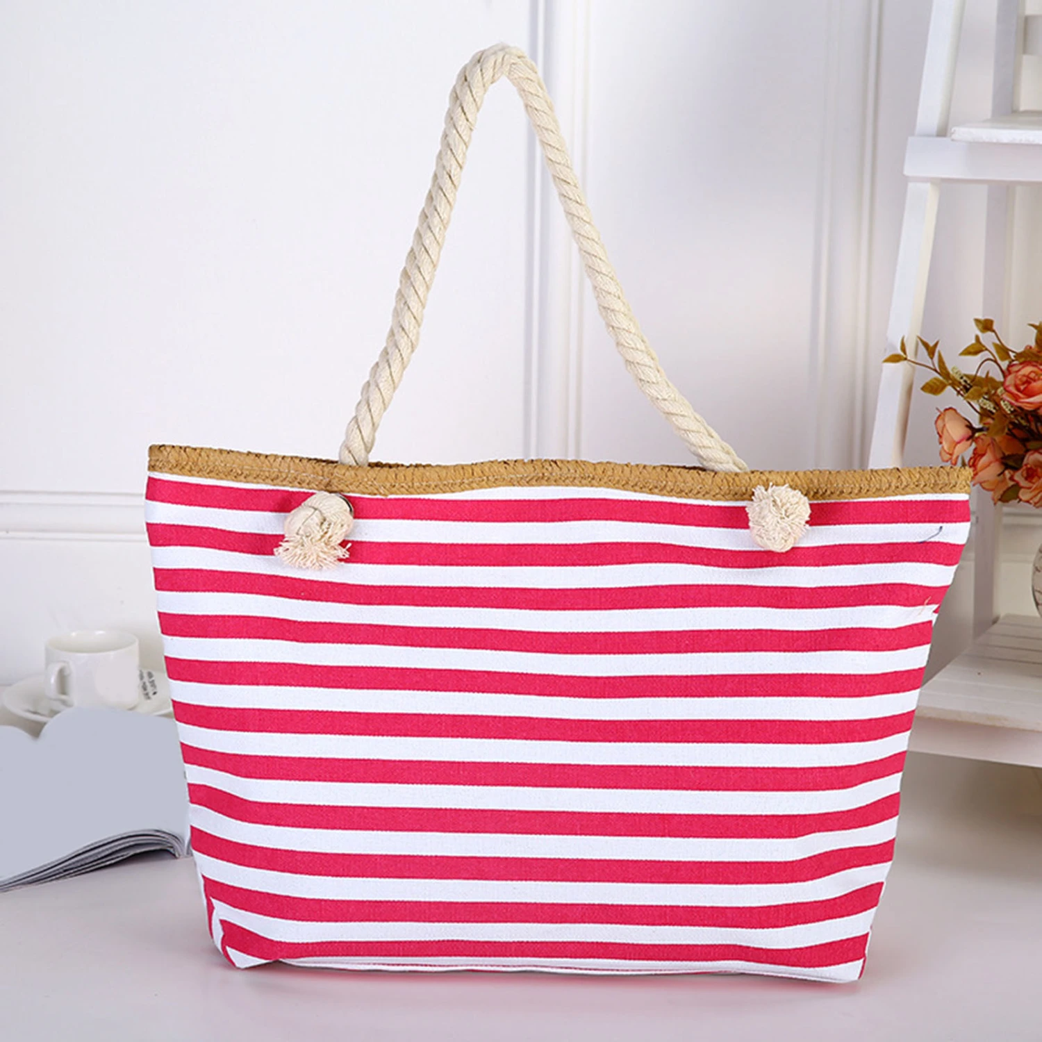 Women Beach Bag Large Capacity Rope Handle Canvas Casual Colorful Strip Female Shopping Tote Handbag Vacation Use