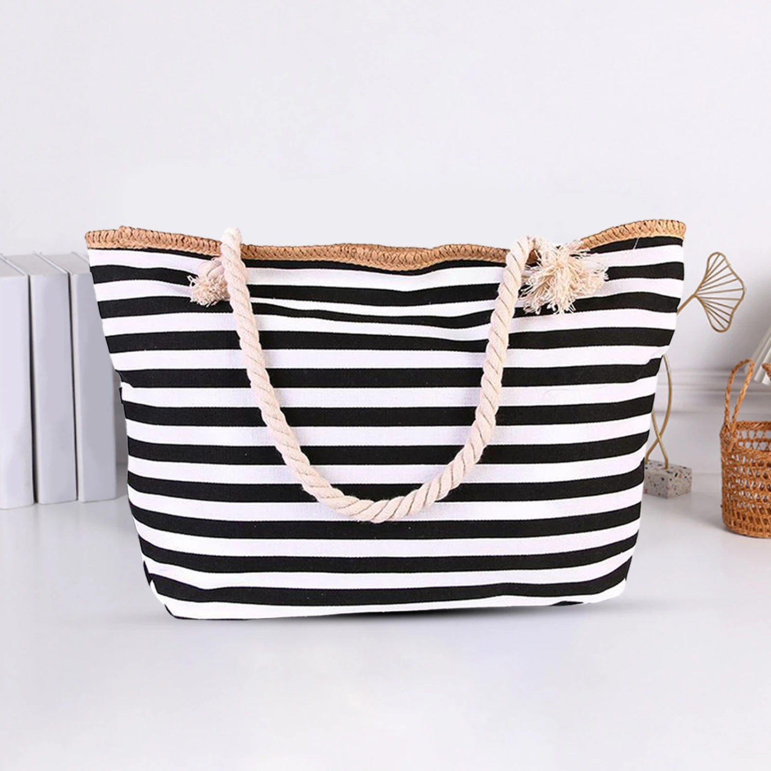 Women Beach Bag Large Capacity Rope Handle Canvas Casual Colorful Strip Female Shopping Tote Handbag Vacation Use