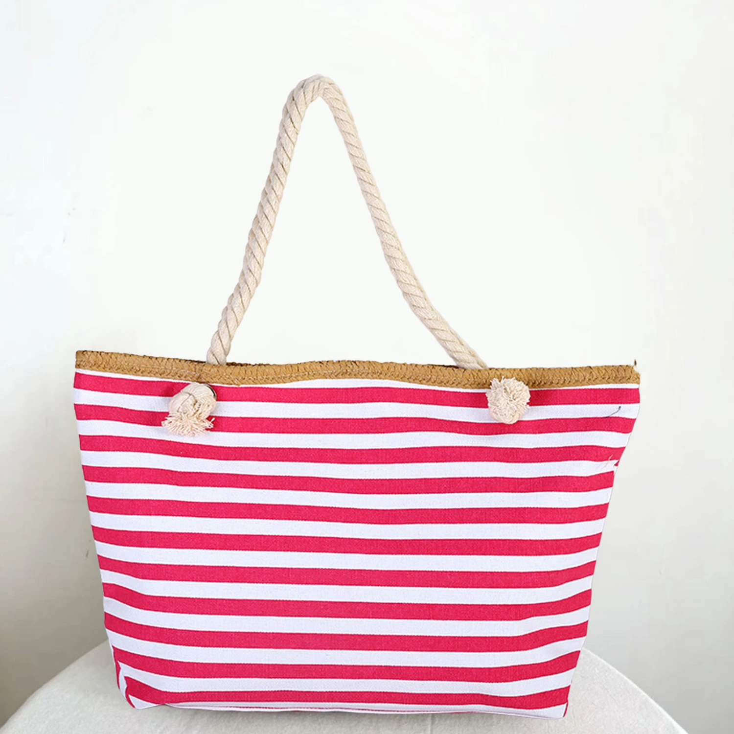 Women Beach Bag Large Capacity Rope Handle Canvas Casual Colorful Strip Female Shopping Tote Handbag Vacation Use