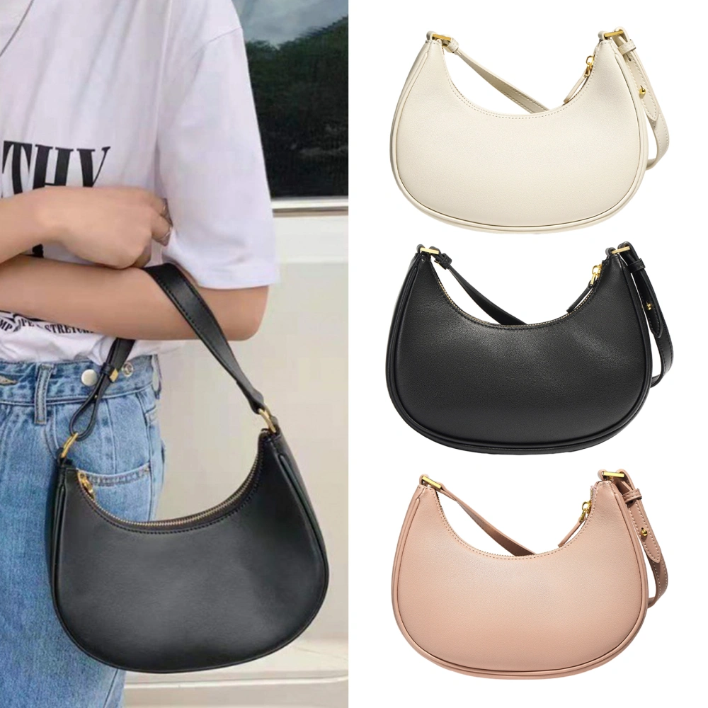 Women Shoudler Bag Solid Color Smooth Faux Leather Underarm Bag Crescent Shape Adjustable Strap Large Capacity Zipper Closure Lady Handbag 