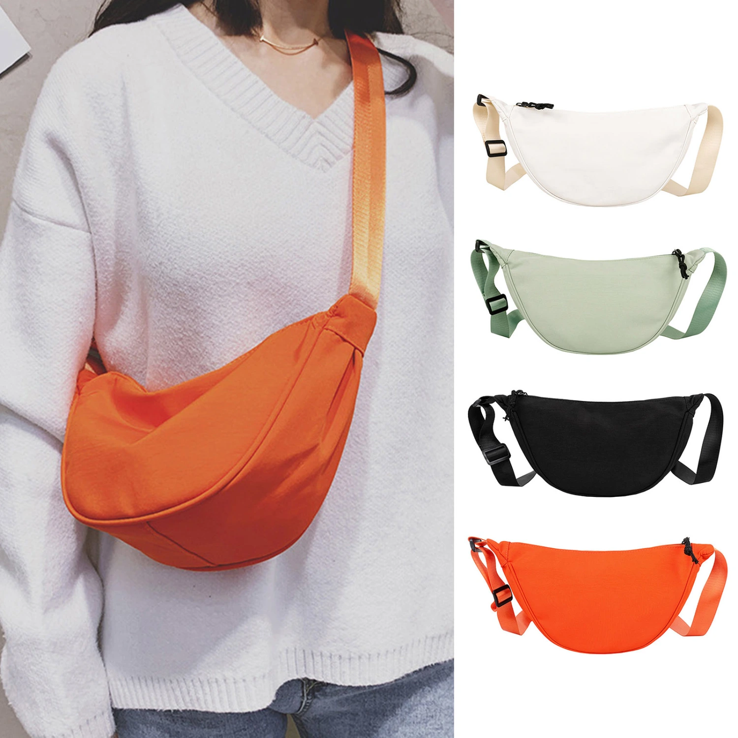 Women Crossbody Bag Adjustable Strap Zipper Large Capacity Casual Nylon Ladies Single Shoulder Dumpling Bag Daily Use